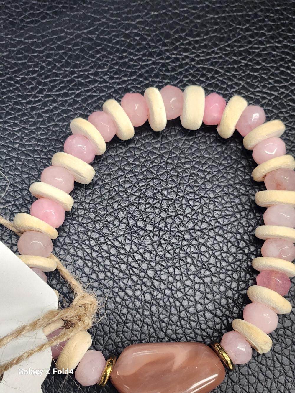 Pink Bead and Cream Spacer Stretch Bracelet with Polished Center Accent